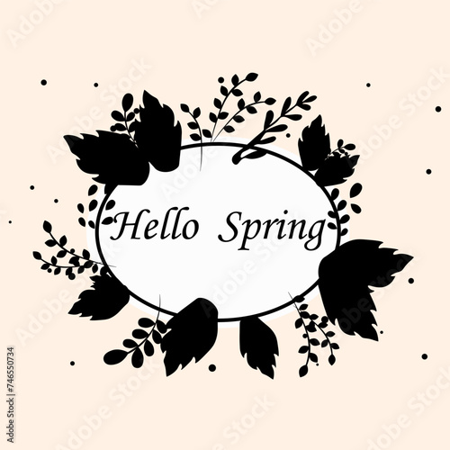 Hello spring black lettering design with leaves. Vector illustration.
