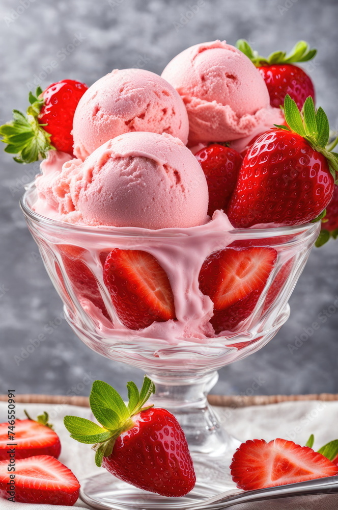 Strawberry Ice Cream with Fresh Berries in Elegant Glass Strawberry Ice Cream with Fresh Berries in Elegant Glass