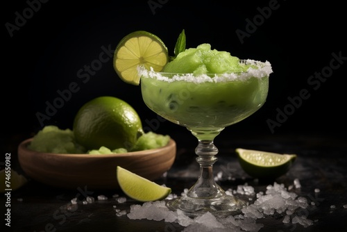 Refreshing frozen margarita cocktail in traditional glass with fresh lime - ideal summer beverage