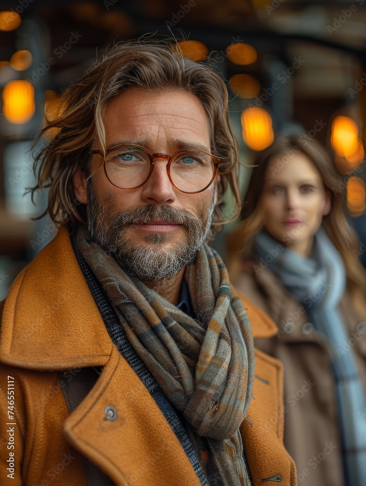 Obraz premium Man With Beard and Glasses Standing Next to Woman