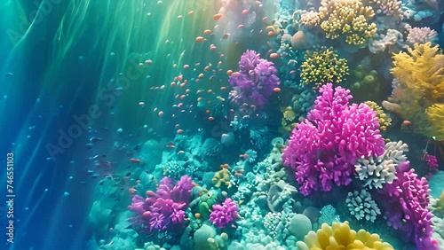 Dive into a colorful coral reef bustling with a variety of fish species swimming amidst the vibrant corals and marine life photo