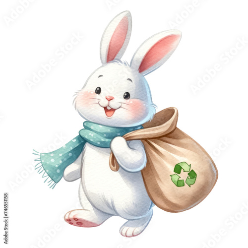 Watercolor cute bunny carrying a recycle cloth bag. World nature conservation. Earth day concept.
