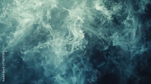 Wispy teal smoke swirls against a dark background.