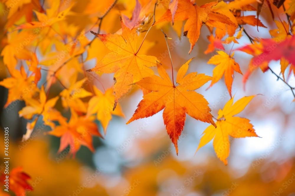 Maple leaves hanging gracefully in mid-air, a serene portrayal of autumn's beauty.