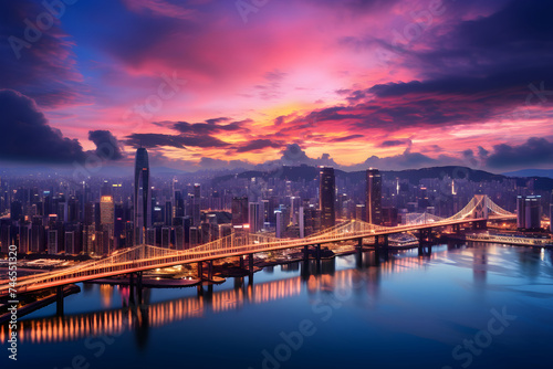 Incredible Display of Twilight Urbanity: HJ City Skyline Against the Gorgeous Backdrop of a Multicolored Sky