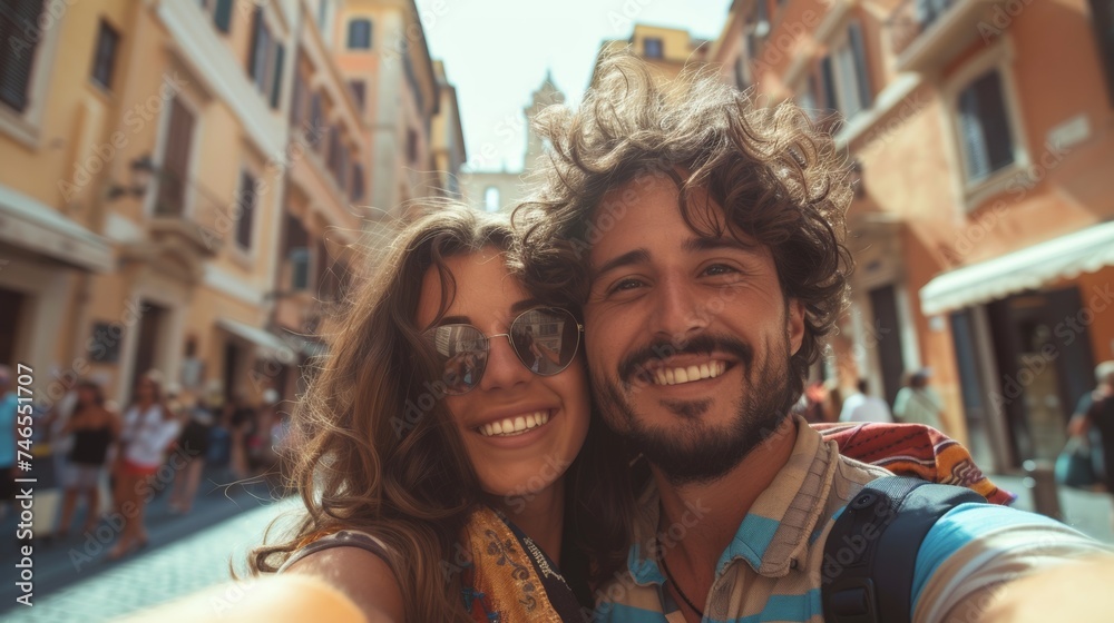 Tourist Selfie in Rome Streets - obrazy, fototapety, plakaty 
