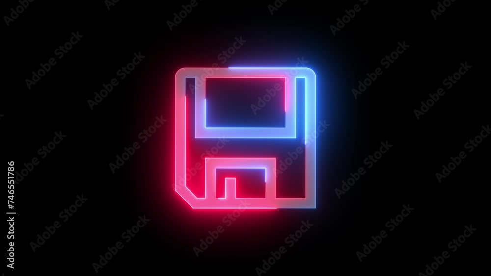 Neon save icon blue red color glowing animation black background Neon save icon blue red color glowing animation black background