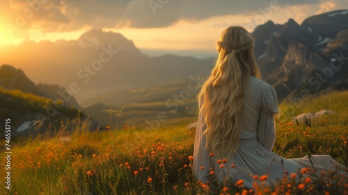 Blonde Woman Long Hair Mountain Sunset