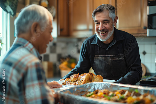 Male care worker serving dinner to senior man at home