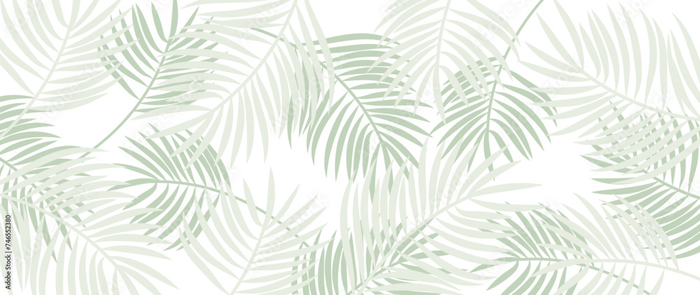 Green tropical leaves vector background. Exquisite simple tropical palm leaf wallpaper design for decor, fabric, print advertising, background. - obrazy, fototapety, plakaty 
