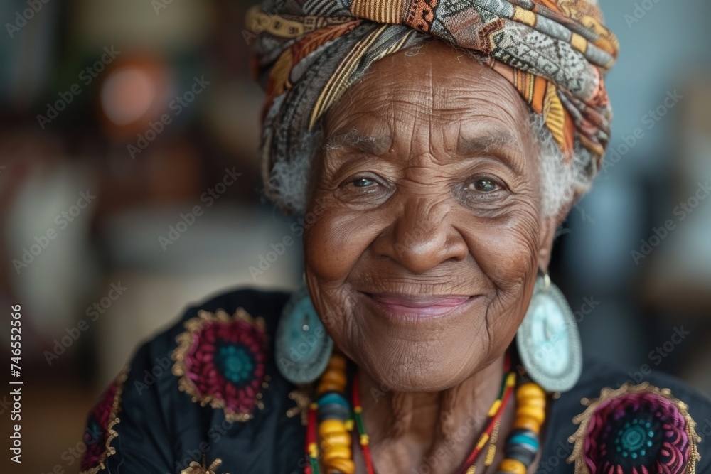 Fototapeta premium Smiling Old Woman With Colorful Headdress