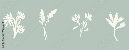 Handmade linocut sprig wildflower collection vector motif clipart in folkart scandi style. Simple monochrome block print shapes with woodcut white chic effect set.