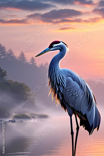 A crane standing on a rock  with a sunrise and a misty river in the background