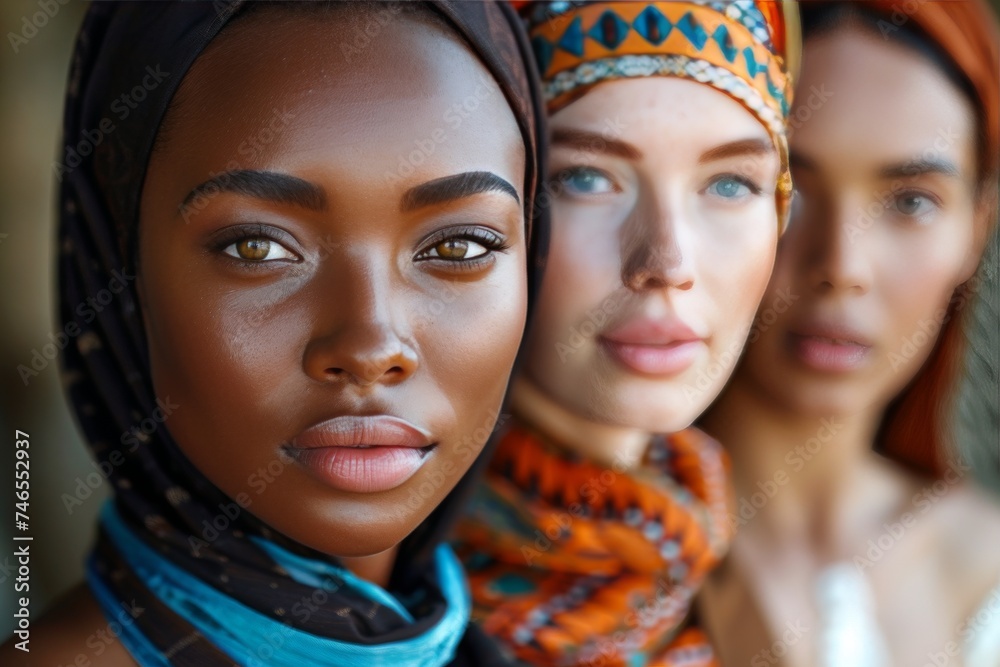 Fototapeta premium Three Women Wearing Headscarves and Scarves