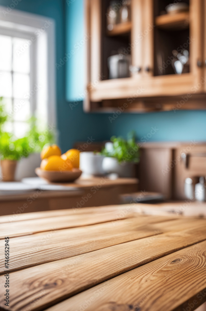 Empty Wooden Table with Kitchen Blurred Background