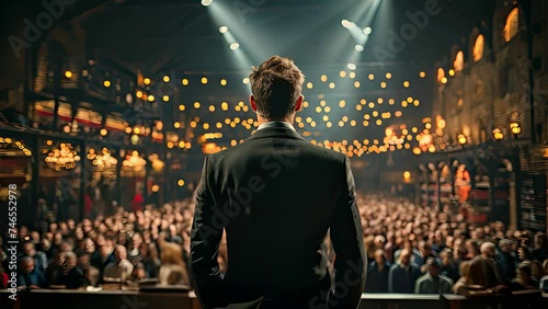 Confident man stands in front of a large crowd, delivering a speech or presentation while the audience listens attentively photo
