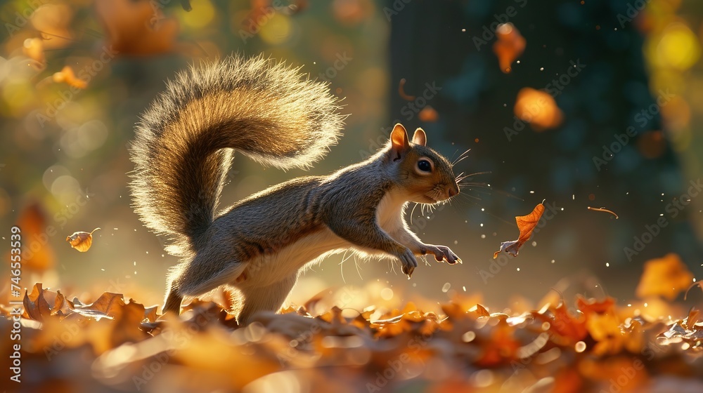A nimble squirrel darts across a forest floor covered with autumn leaves, capturing the energetic essence of wildlife during the fall season A nimble squirrel darts across a forest floor covered with autumn leaves, capturing the energetic essence of wildlife during the fall season