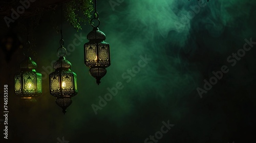 An elegant trio of ornate green lanterns is suspended against a mystical green haze, creating a serene and enchanting atmosphere, ideal for decor themes