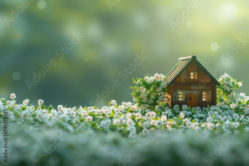 Green energy photo with blurred background There is a small wooden house, copy space. AI Generated
