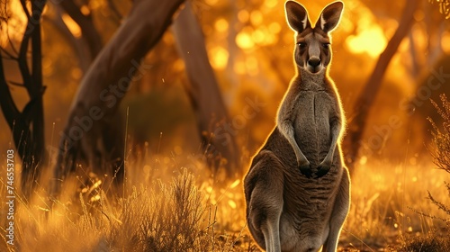 A spirited kangaroo with a baby in its pouch stands in the wild, an image of maternal care and wildlife in the natural Australian habitat