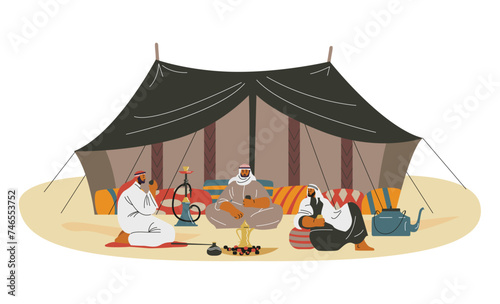 Bedouins sitting in the desert near their tent camp, flat vector illustration.