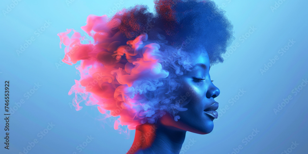 Surreal Woman with Colourful Smoke.
Profile of a woman with vibrant smoke effects on blue background.