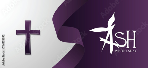 ash Wednesday with cross and ribbon vector illustration 
