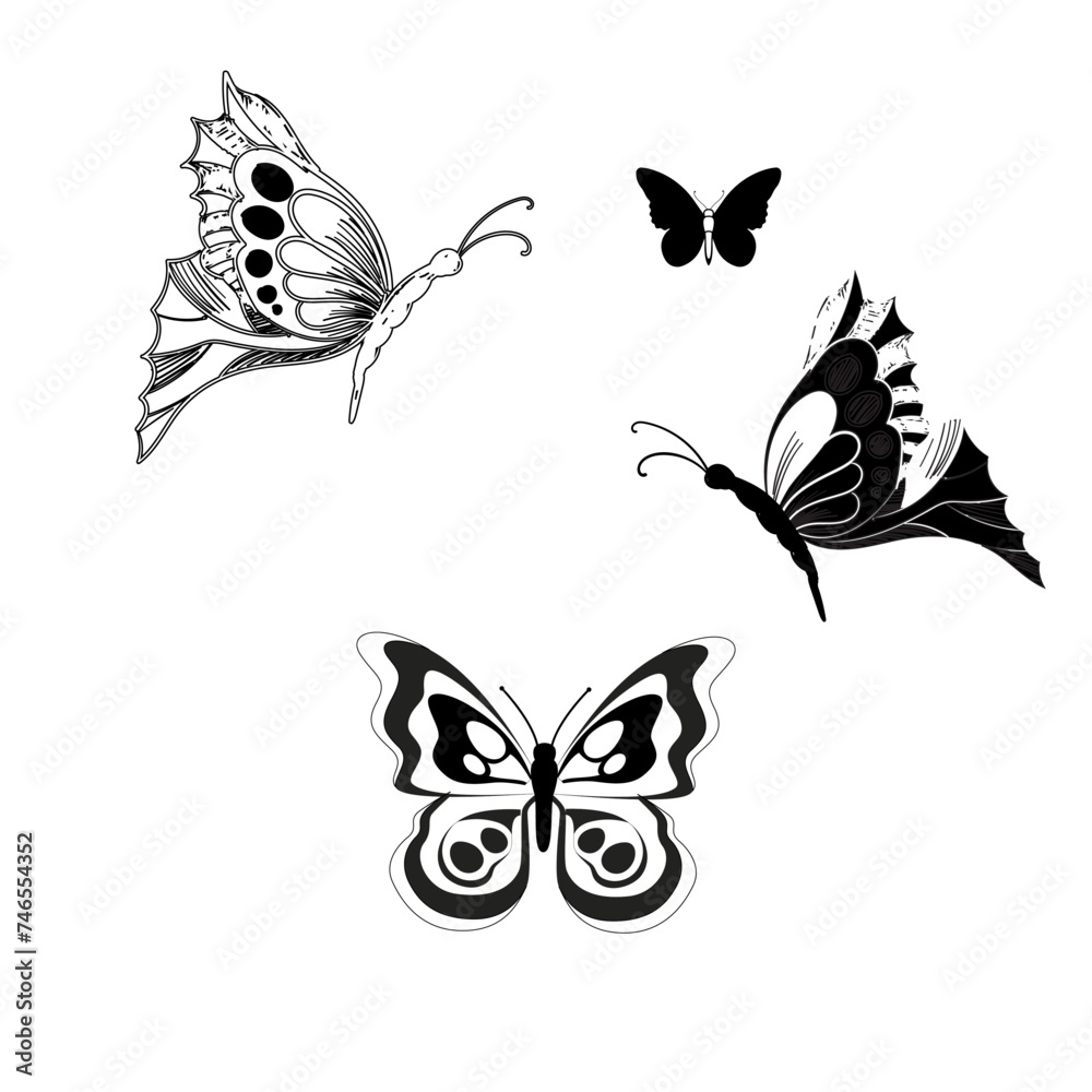 Fototapeta premium Butterfly icon graphic black white isolated sketch illustration vector. Modern seamless pattern of monarch butterfly contours on white background