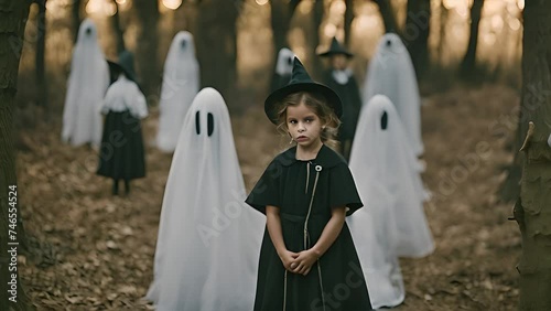 Young girl bravely stands before a group of ghostly figures in a chilling encounter photo