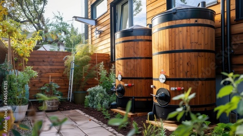 Generative AI, rainwater harvesting system in the garden with barrel, ecological reusing water concept 