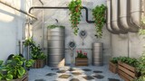 Generative AI, rainwater harvesting system in the garden with barrel, ecological reusing water concept 