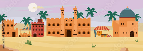 Arabic desert cityscape with traditional mud brick buildings and palm trees, ancient architecture vector illustration