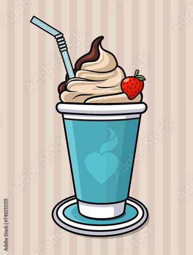 Stylized glass with coffee, cream and strawberries