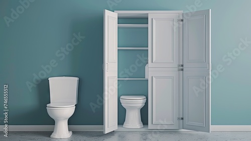 Wardrobe with two open doors with the toilet on the left 