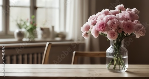  Elegant simplicity - A bouquet of pink flowers in a clear vase on a wooden table