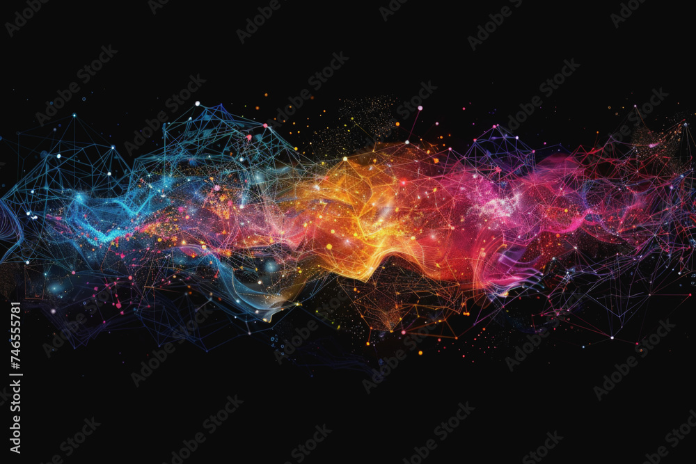 Abstract futuristic wave with colorful lines connecting dots. digital data communication background, cyber plexus design. Big data visualization. - obrazy, fototapety, plakaty 