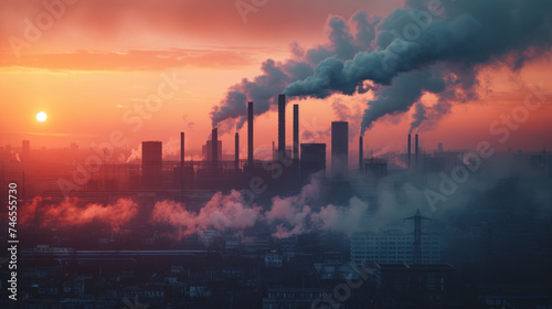 An industrial skyline silhouetted against a sunset, with towering smokestacks emitting plumes of smoke, evoking the energy and environmental impact of industrial activity