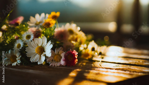 Fresh flowers on wooden table. Beautiful bouquet. Spring or summer season.
