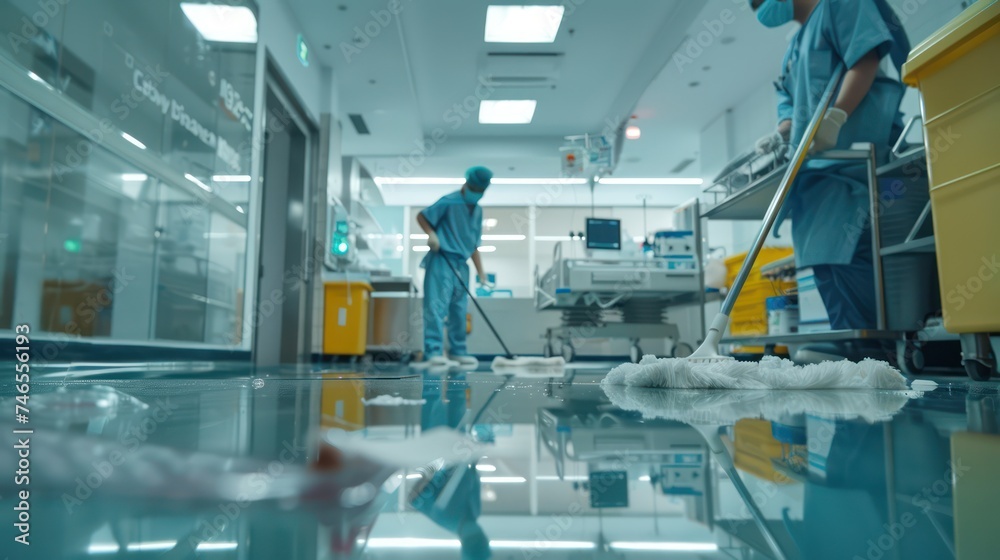 Cleaning personnel perform floor maintenance in an operating room using a mop at a contemporary hospital.