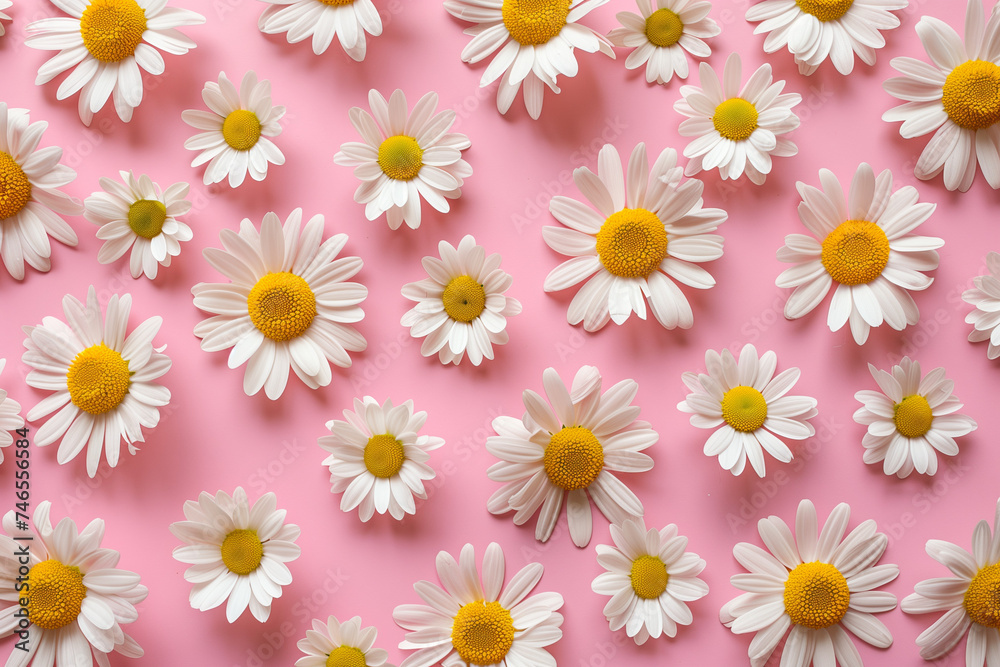 Seamless pattern with daisies on pink background. Top view. Spring concept for banner, card, wallpaper.