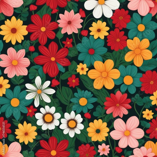 Floral Pattern in Flat Style with a Variety of Colorful Flowers