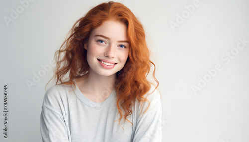 Portrait of a young model smiling with red hair. Natural look. Model for fashion, beauty or health or lifestyle products, product or services advertising, marketing. Testimonial. White background.