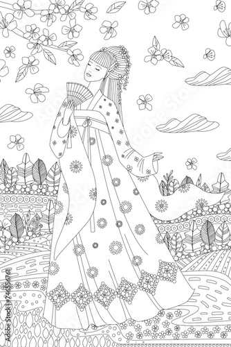 coloring book page for adults and kids. asian girl with elegant