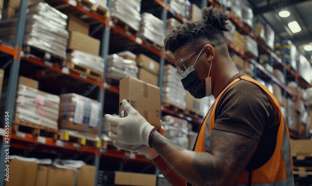 A focused worker in a safety vest and face mask carefully scans packages in the warehouse.
