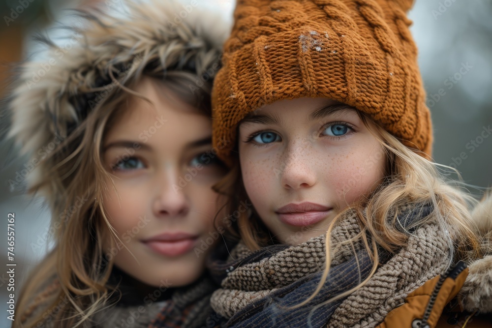 Close-up of two girls with one leaning forward, both dressed in stylish winter clothing Close-up of two girls with one leaning forward, both dressed in stylish winter clothing