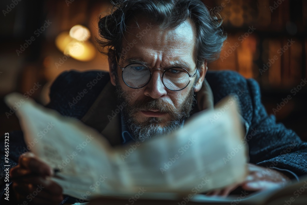 A person engrossed in reading historical literature in a dimly lit vintage room, invoking curiosity and tranquility A person engrossed in reading historical literature in a dimly lit vintage room, invoking curiosity and tranquility