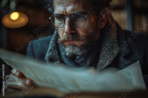A pensive man with facial hair and glasses reads intently, illuminated by lamp light photo