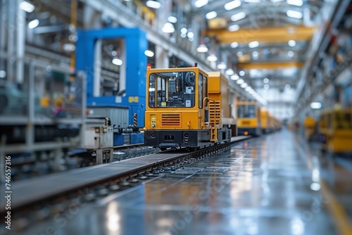 A focused shot of a blue and yellow industrial train on metallic tracks inside a modern factory