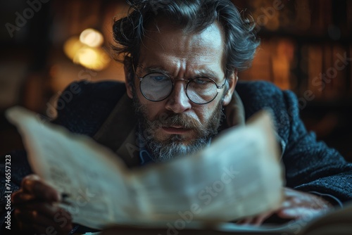 A person engrossed in reading historical literature in a dimly lit vintage room, invoking curiosity and tranquility