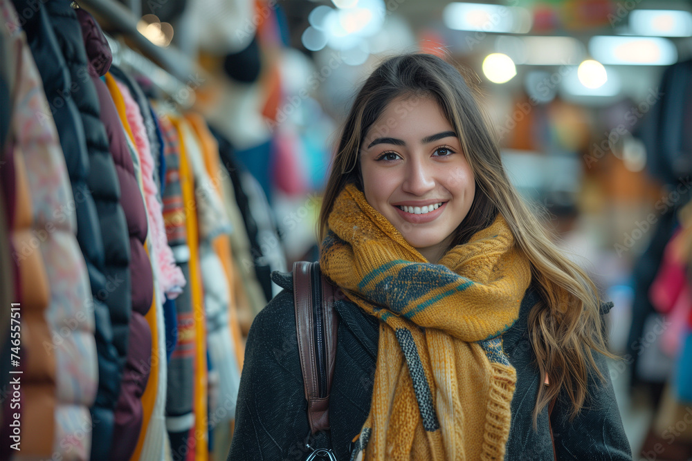 Smiling young woman holding purse while standing in store